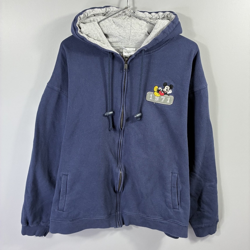 Disney Hoodie Mens 2XL Blue Full Zip Mickey Mouse 1971 Fleece Sweatshirt